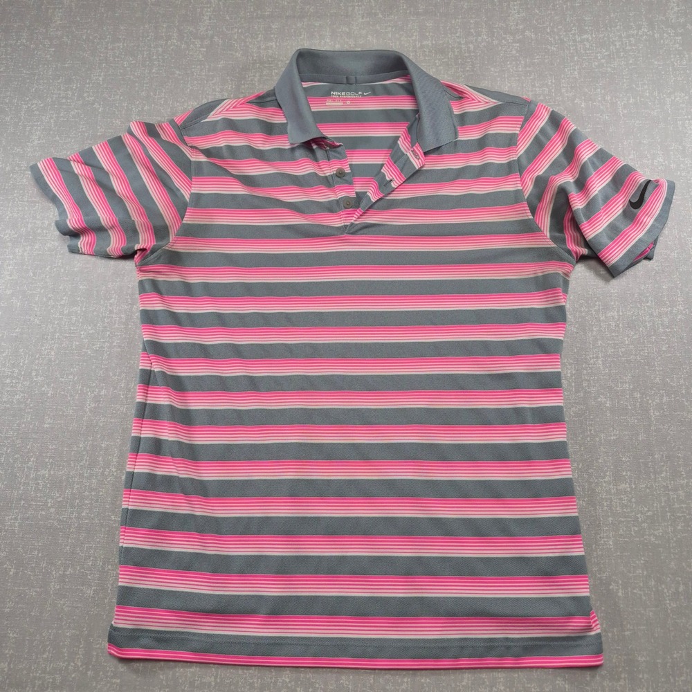 Nike Golf Tour Performance Dri-FIT Polo Shirt Mens Medium Gray Pink Striped